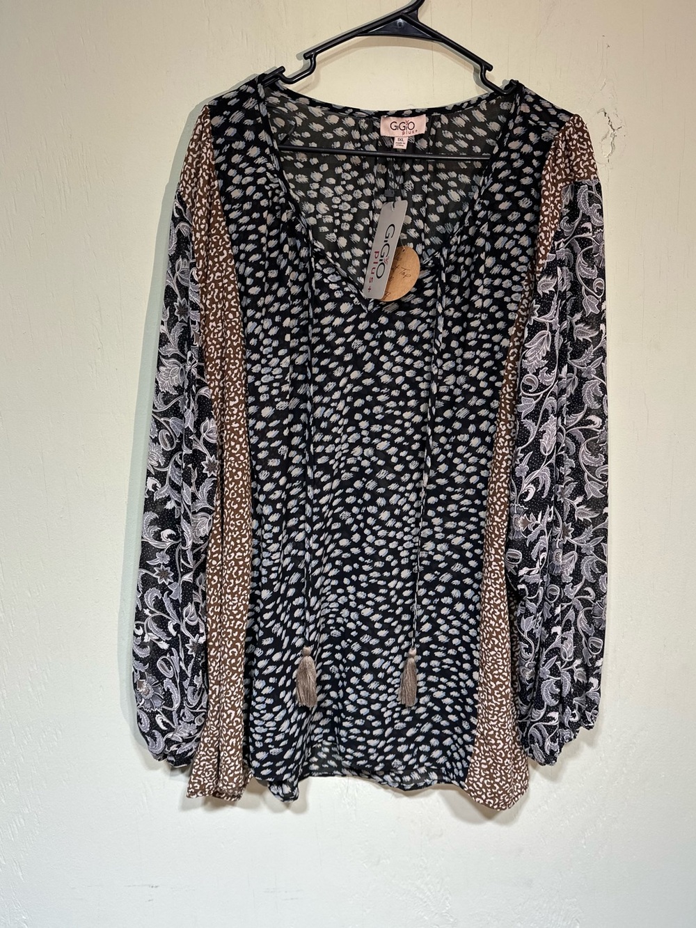 NWT GiGiO boho multi pattern tassel sheer long sleeve blouse size 1x